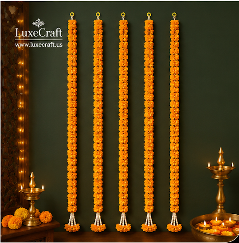 Orange Marigold Artificial Flower Garland Set - pearl tassel detail