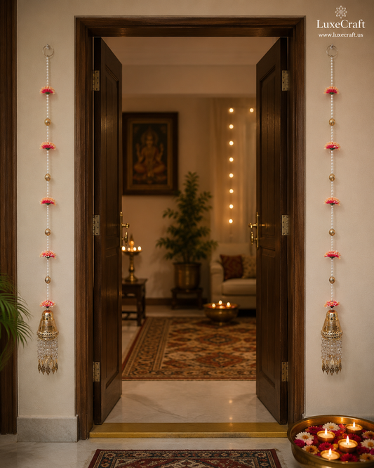 Pearl & Floral Door Hanging Pair with Jhumar Bell - framing a doorway