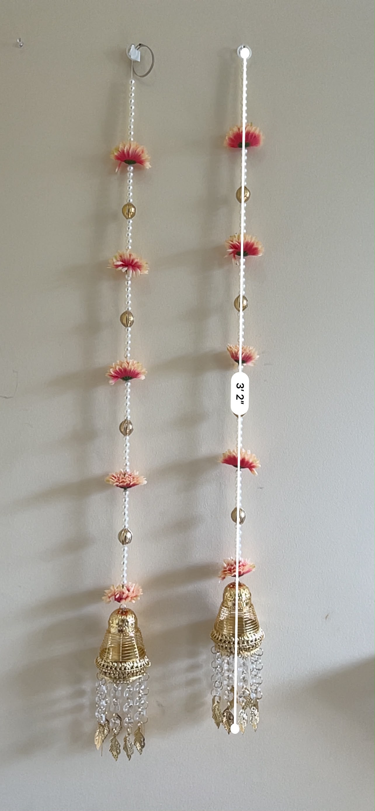 Pearl & Floral Door Hanging Pair with Jhumar Bell - jhumar bell detail