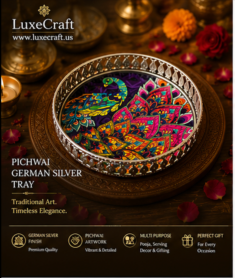 Pichwai German Silver Tray 6 Inch - front view
