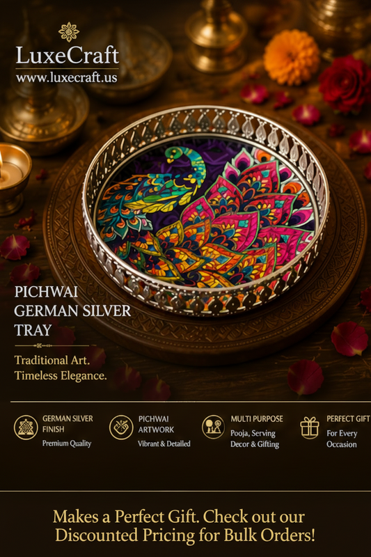 Pichwai German Silver Tray 6 Inch - front view