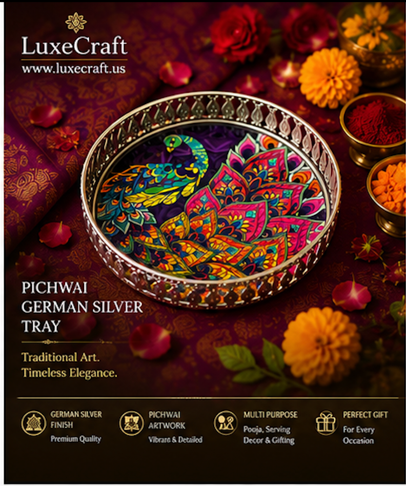 Pichwai German Silver Tray 6 Inch - detail