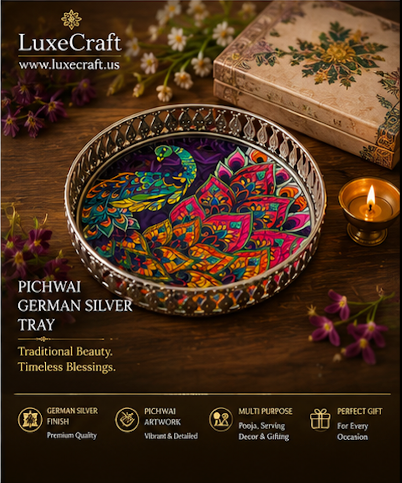 Pichwai German Silver Tray 6 Inch - lifestyle