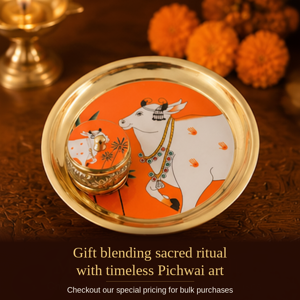 Brass Pichwai Kamdhenu Plate & Kumkum Box Gift Set