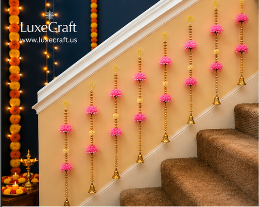 Pink Flower & Golden Bell Hanging Set - hung on staircase railing