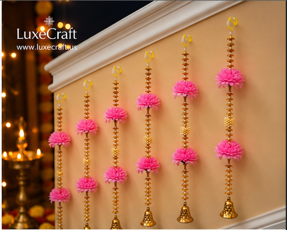 Pink Flower & Golden Bell Hanging Set - close view