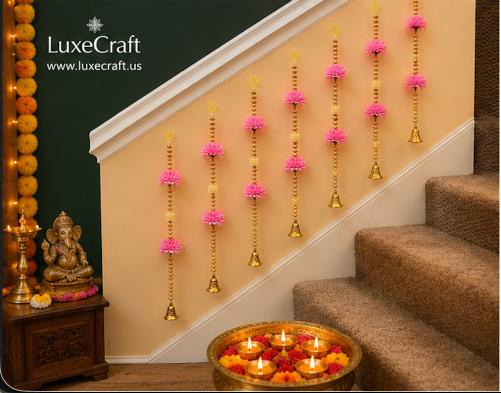 Pink Flower & Golden Bell Hanging Set - styled on railing