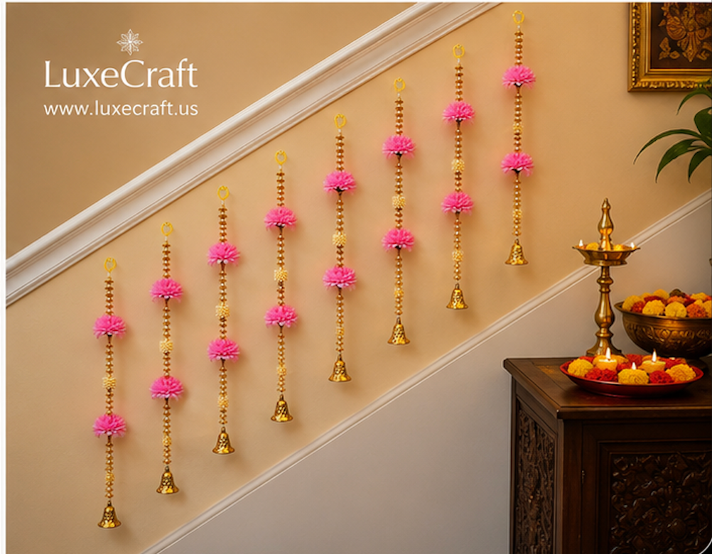 Pink Flower & Golden Bell Hanging Set - full length view