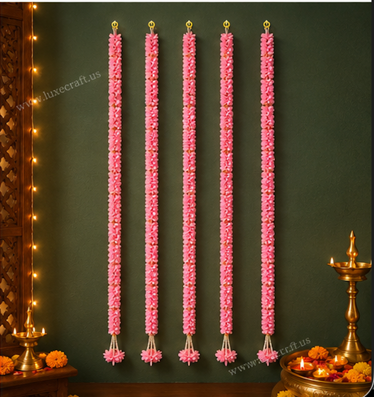 Pink Artificial Flower Garland Set - pearl tassel detail