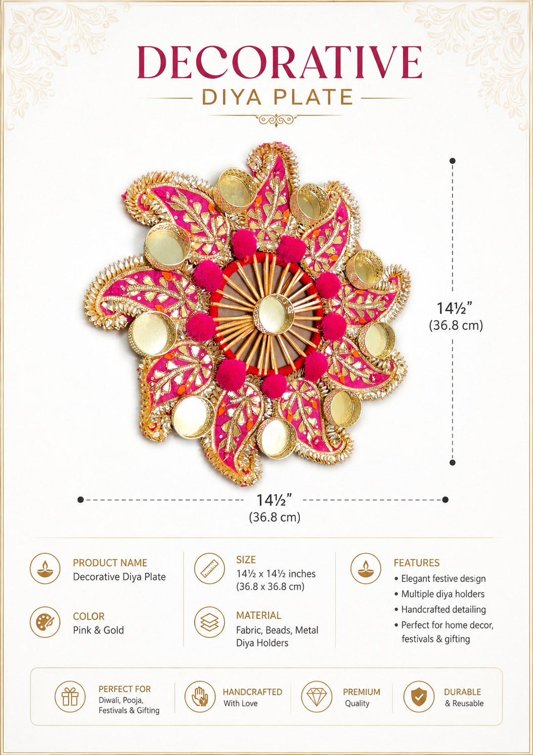 Pink & Gold Decorative Diya Plate - floral diya holder arrangement