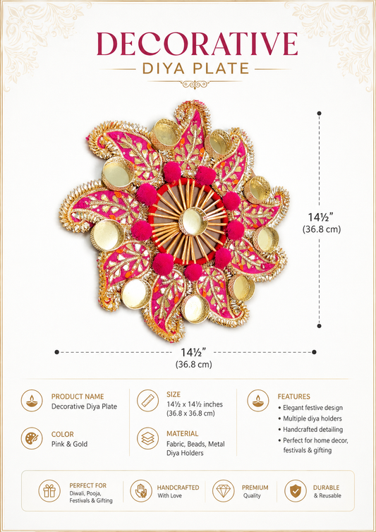 Pink & Gold Decorative Diya Plate - floral diya holder arrangement