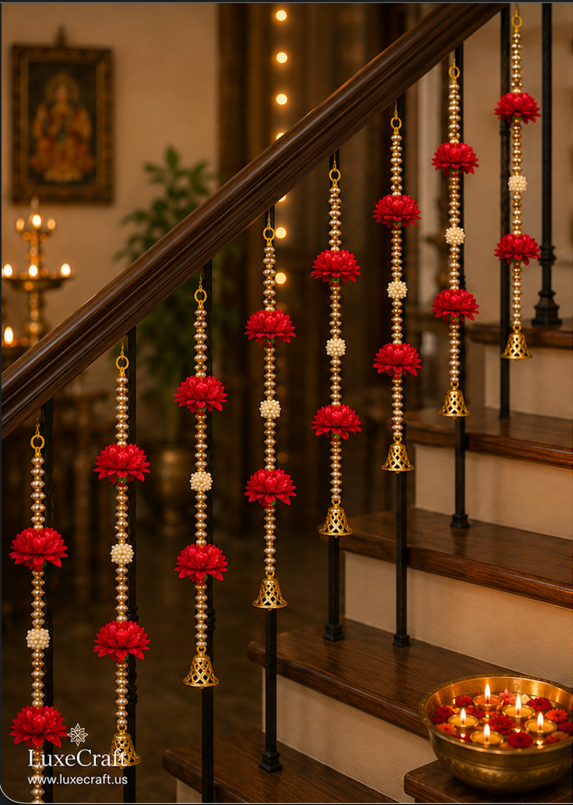 Red Flower & Golden Bell Hanging Set - hung on staircase railing