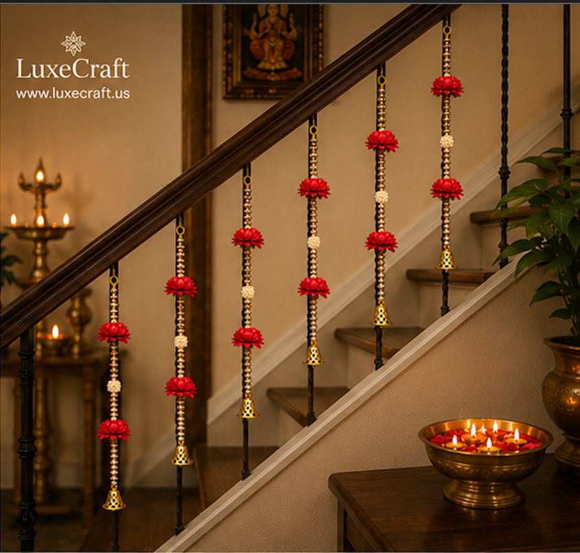 Red Flower & Golden Bell Hanging Set - close view