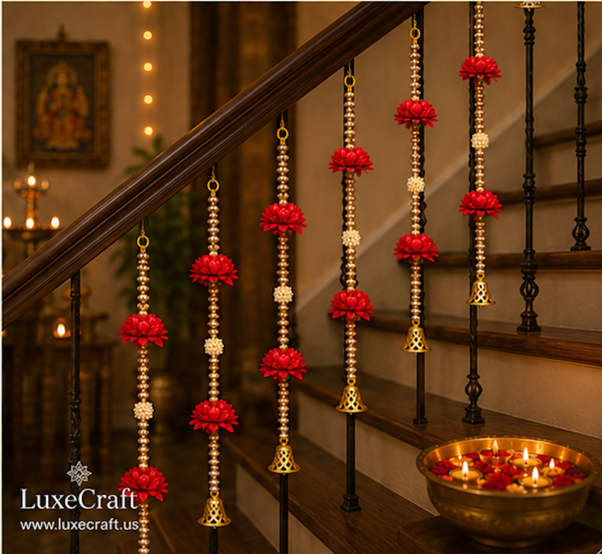 Red Flower & Golden Bell Hanging Set - styled view