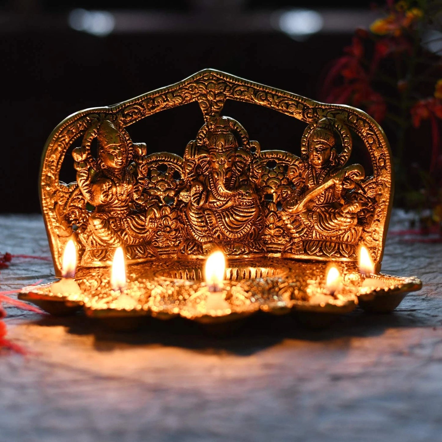 Divine Brass Diya – Lakshmi, Ganesha & Saraswati