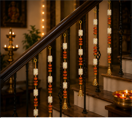 White Pearl Flower & Golden Bell Hanging Set - hung on staircase railing