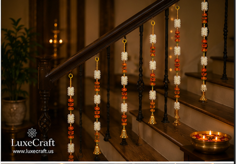 White Pearl Flower & Golden Bell Hanging Set - close view