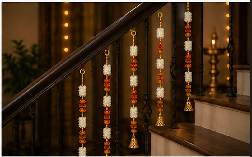 White Pearl Flower & Golden Bell Hanging Set - styled view