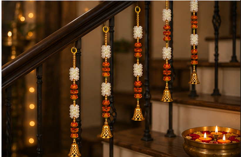White Pearl Flower & Golden Bell Hanging Set - full length view